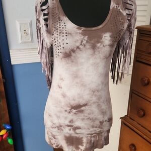 Stylish Fringe Sleeve Tie-Dye Tunic